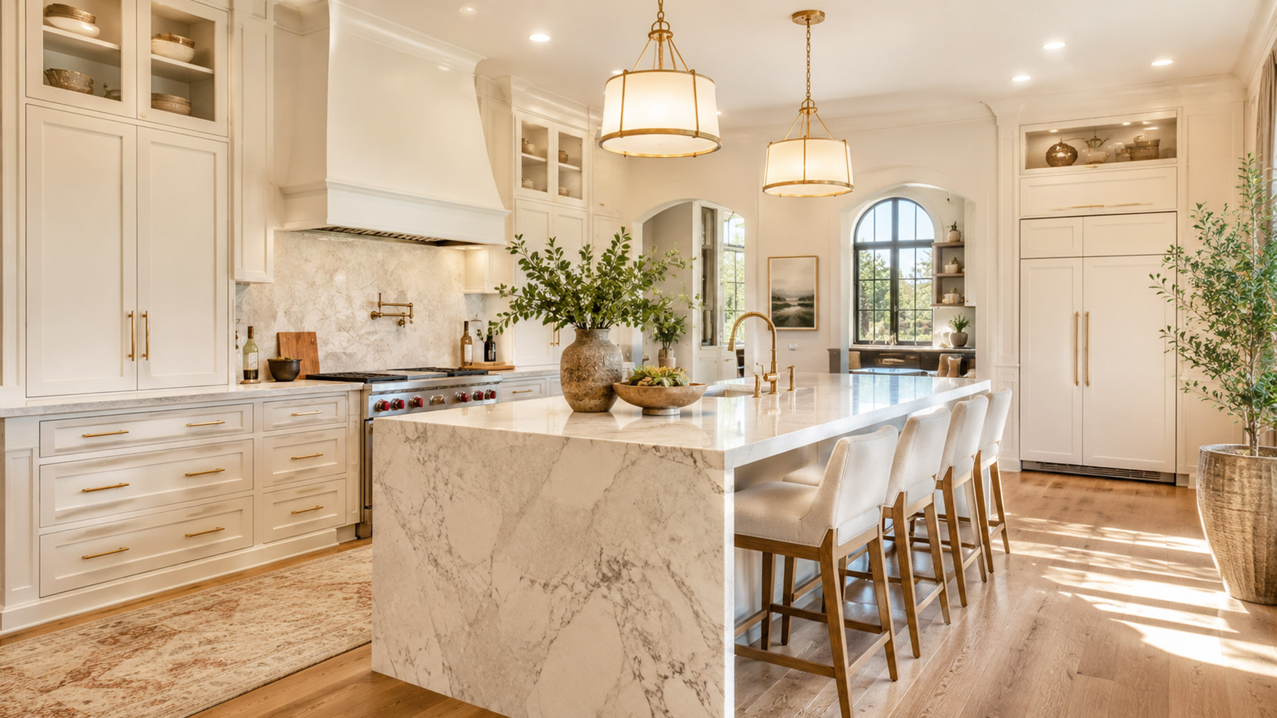 Luxury custom kitchen remodel with a marble waterfall island, bespoke cabinetry, brass pendant lighting, integrated appliances, and warm natural finishes.