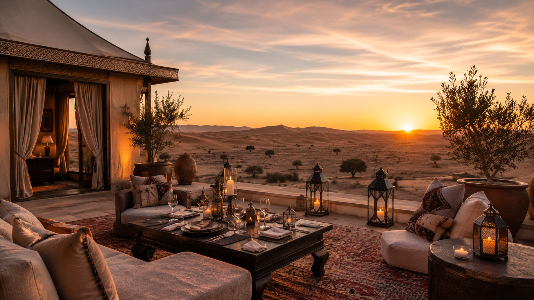 A refined desert camp terrace in Morocco features lanterns, layered textiles, lounge seating, and an elegant dining setup overlooking vast dunes at sunset.