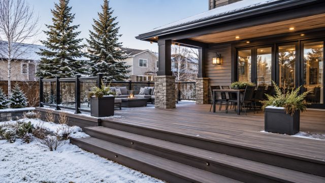 A luxury backyard deck in an Edmonton-style suburban setting with light snow, evergreen trees, glass railings, outdoor seating, and warm exterior lighting.