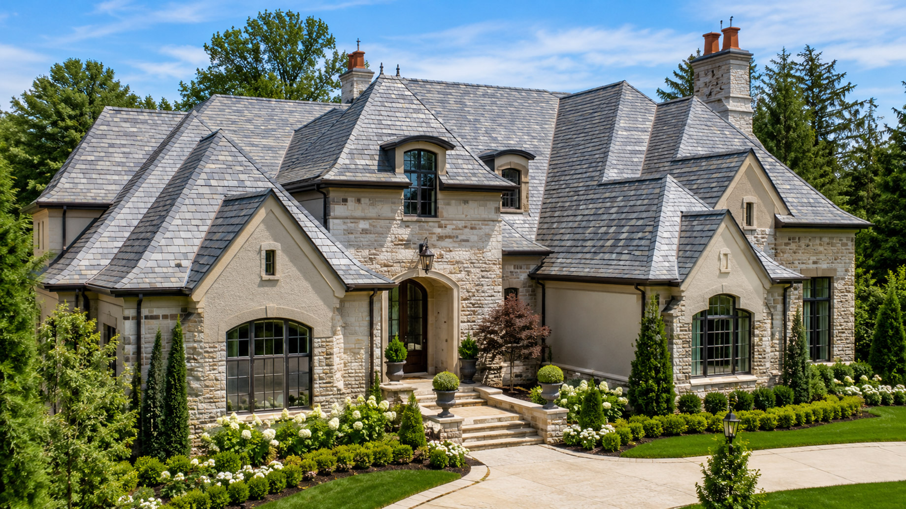 Luxury stone mansion with premium slate roof, arched windows, manicured landscaping, green lawn, and clear blue sky.