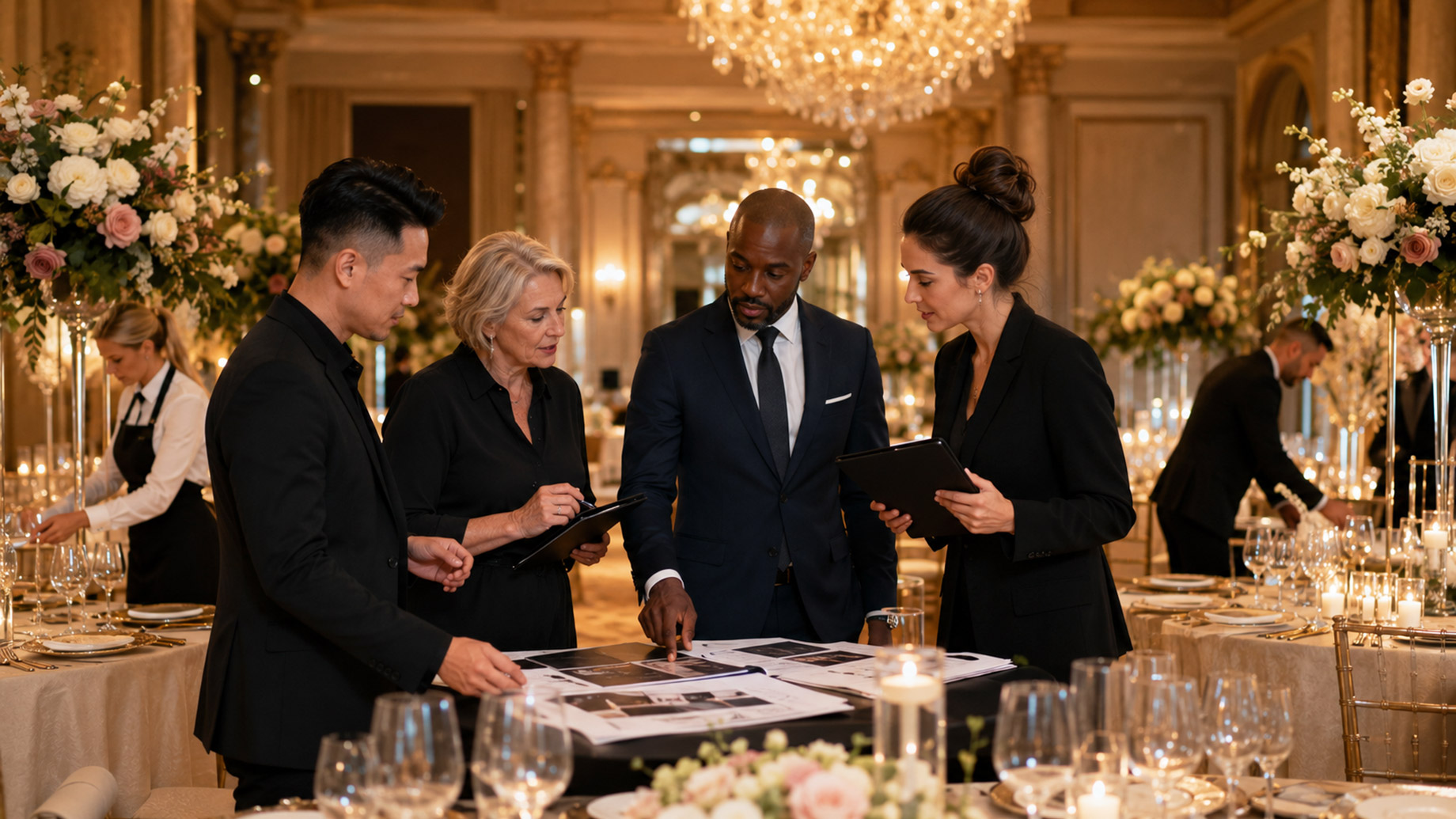 A diverse team of luxury event planners reviews production details together in an elegant ballroom with floral arrangements, candlelit tables, and crystal chandeliers.