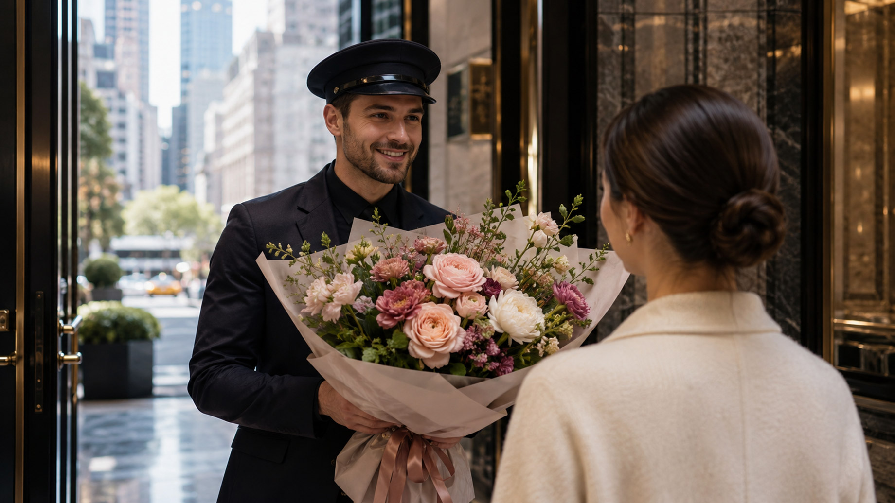 A uniformed courier presents an elegant pastel bouquet to a woman at the entrance of an upscale Manhattan building.