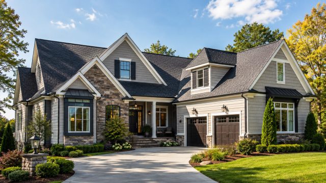 Luxury suburban home with gray shingle roof, stone accents, manicured landscaping, and clean driveway on a sunny day.