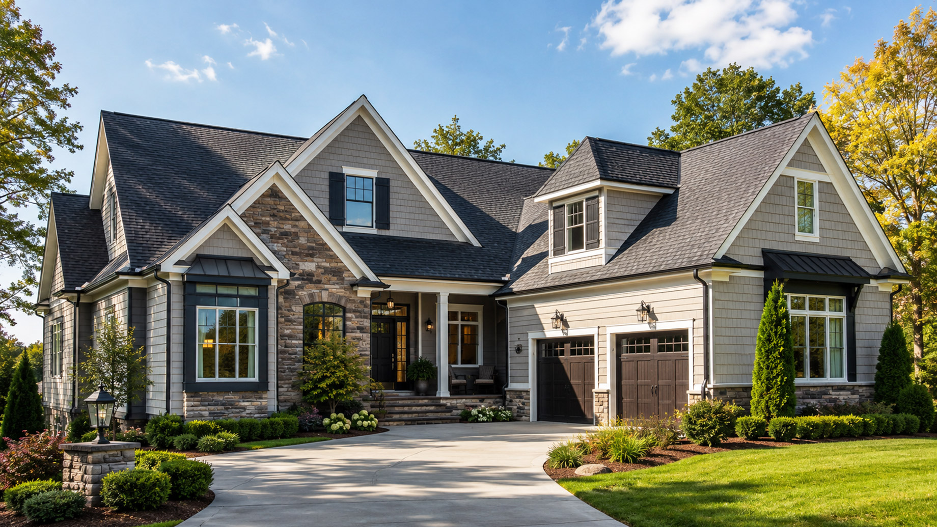 Luxury suburban home with gray shingle roof, stone accents, manicured landscaping, and clean driveway on a sunny day.