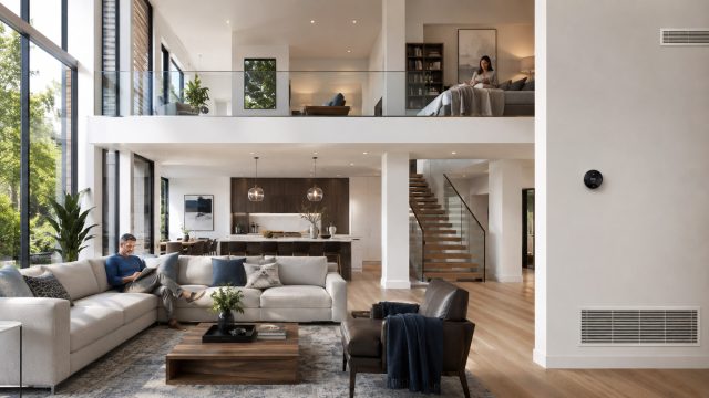 Modern luxury home interior with a smart thermostat, air vents, and family members relaxing in separate temperature zones.