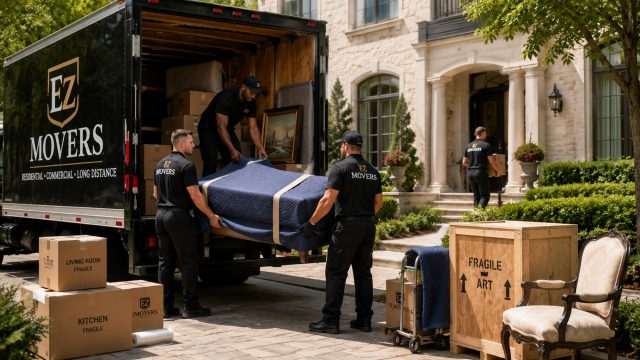 Professional movers loading wrapped furniture, fragile boxes, and art crates into a moving truck outside a luxury stone home.