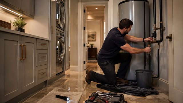 Plumber repairing a leaking pipe beside a water heater in a luxury utility room with wet stone flooring, towels, tools, and a bucket.