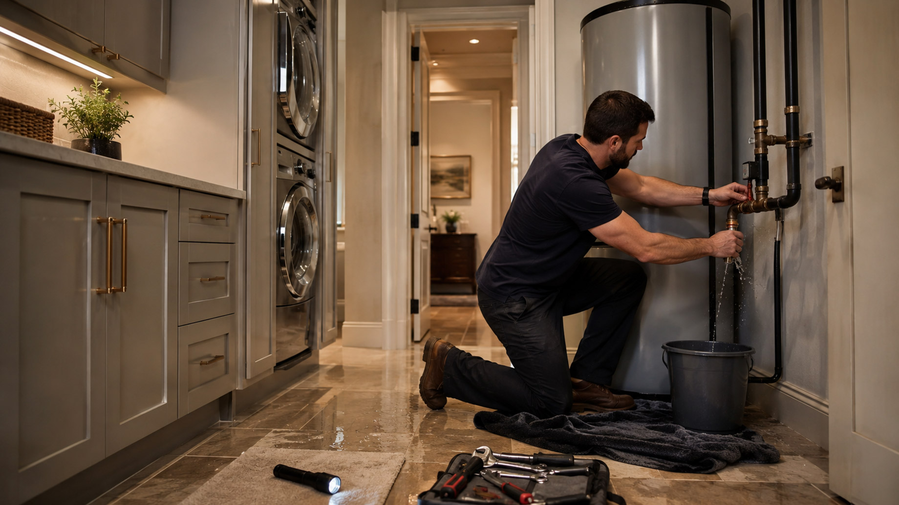 Plumber repairing a leaking pipe beside a water heater in a luxury utility room with wet stone flooring, towels, tools, and a bucket.