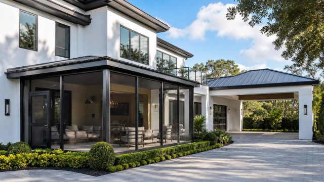 Luxury modern home with an aluminum-framed patio enclosure, covered driveway, metal roof details, and manicured landscaping.