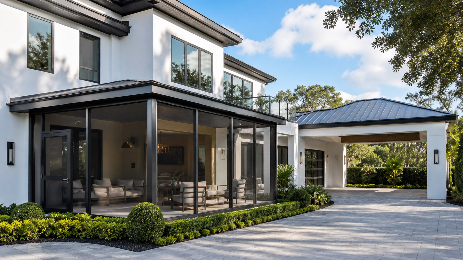 Luxury modern home with an aluminum-framed patio enclosure, covered driveway, metal roof details, and manicured landscaping.