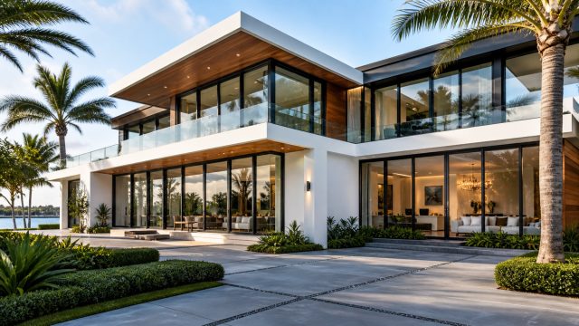 Modern luxury home with floor-to-ceiling impact glass windows, dark frames, tropical landscaping, and a polished entry courtyard.