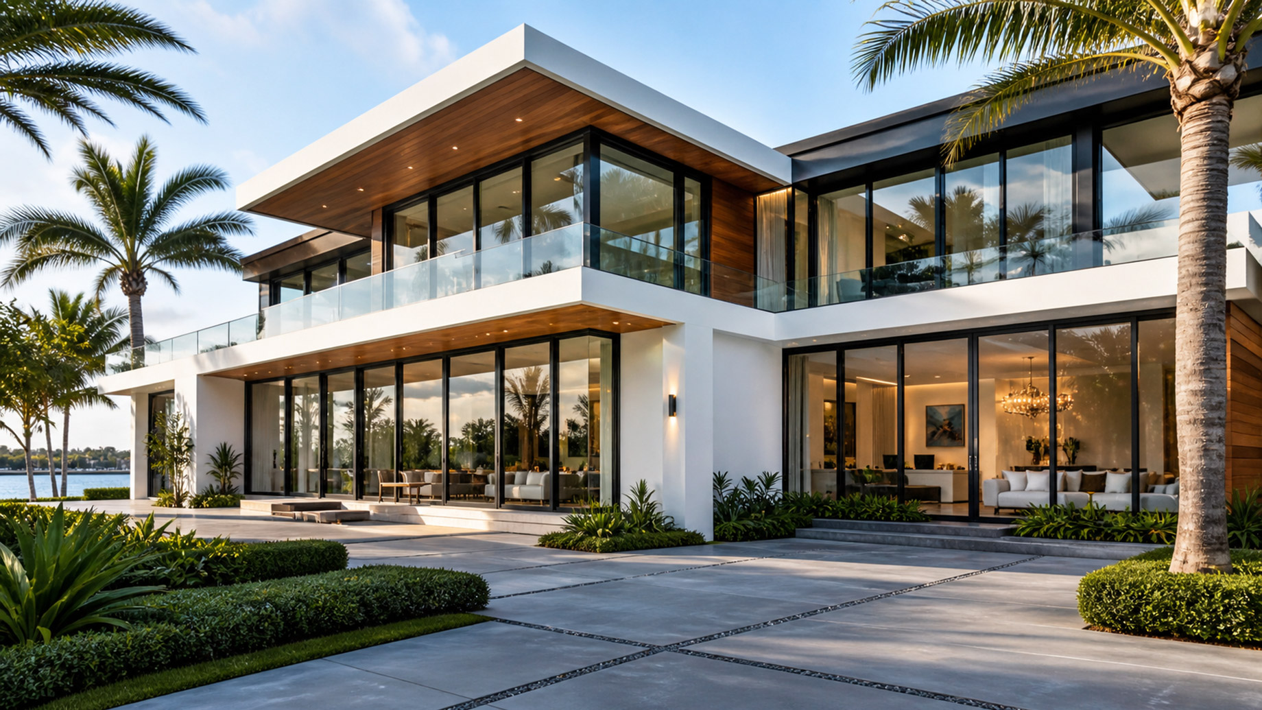 Modern luxury home with floor-to-ceiling impact glass windows, dark frames, tropical landscaping, and a polished entry courtyard.