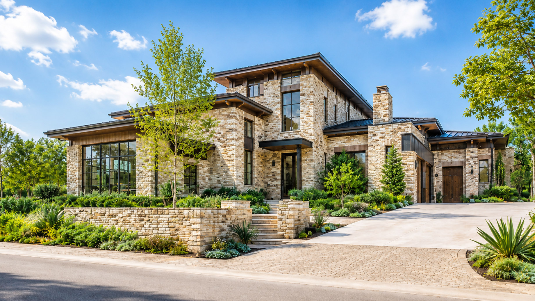 Modern luxury home with a reclaimed stone facade, large windows, manicured landscaping, and a bright sunny sky.
