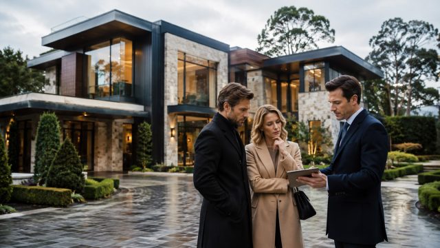Affluent couple and real estate advisor reviewing a tablet outside a modern luxury mansion on an overcast day.