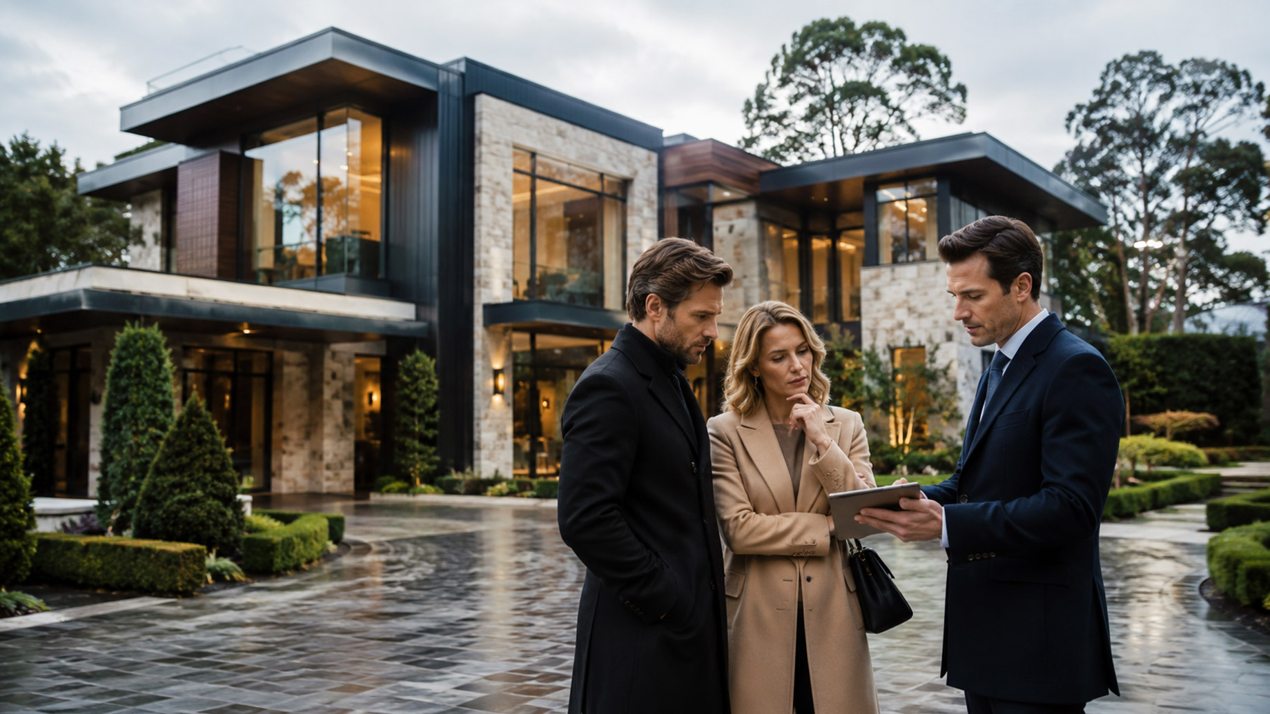 Affluent couple and real estate advisor reviewing a tablet outside a modern luxury mansion on an overcast day.