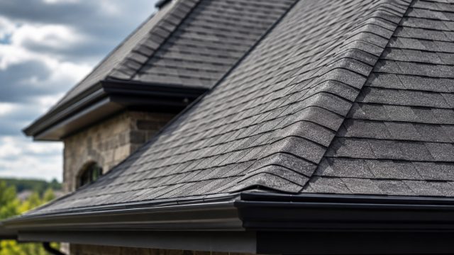 A luxury home roof in Kansas City with dark architectural shingles, clean rooflines, and metal gutters beneath a cloudy sky.