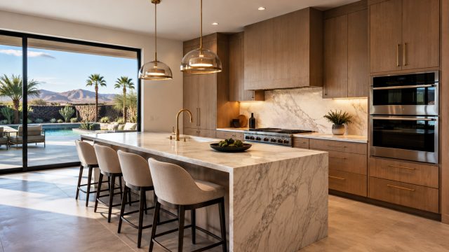 Luxury Las Vegas kitchen with marble island, warm wood cabinetry, brass accents, and desert patio views