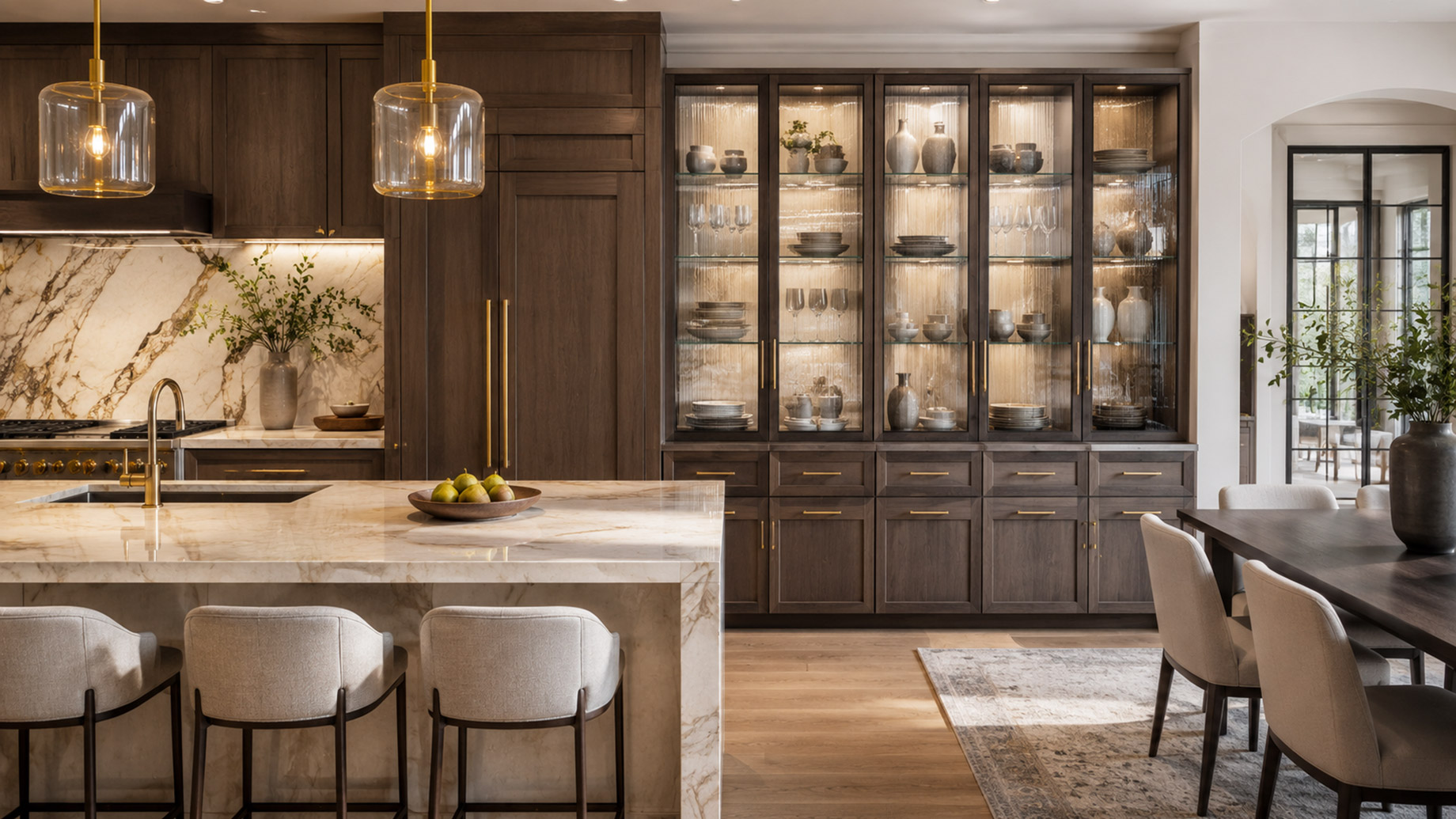 A refined luxury kitchen features dark wood cabinetry, illuminated glass-front cabinets, brass hardware, a marble island, and a coordinated dining area.