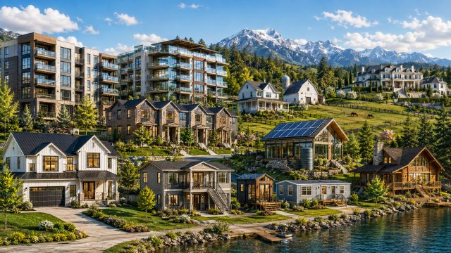 Luxury lakeside mountain community with single-family residences, modern condos, townhouses, tiny homes, manufactured homes, farmhouse, cabin, sustainable solar home, and hillside estate.