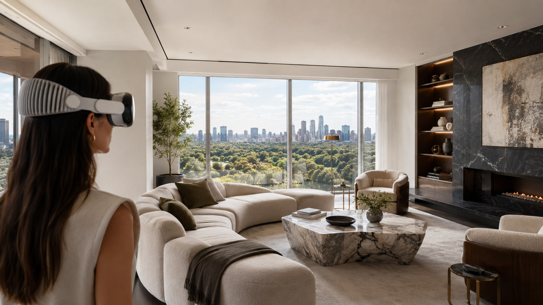 A person wearing a mixed-reality headset views a staged luxury living room with a curved sofa, marble coffee table, floor-to-ceiling windows, city views, and a modern fireplace.