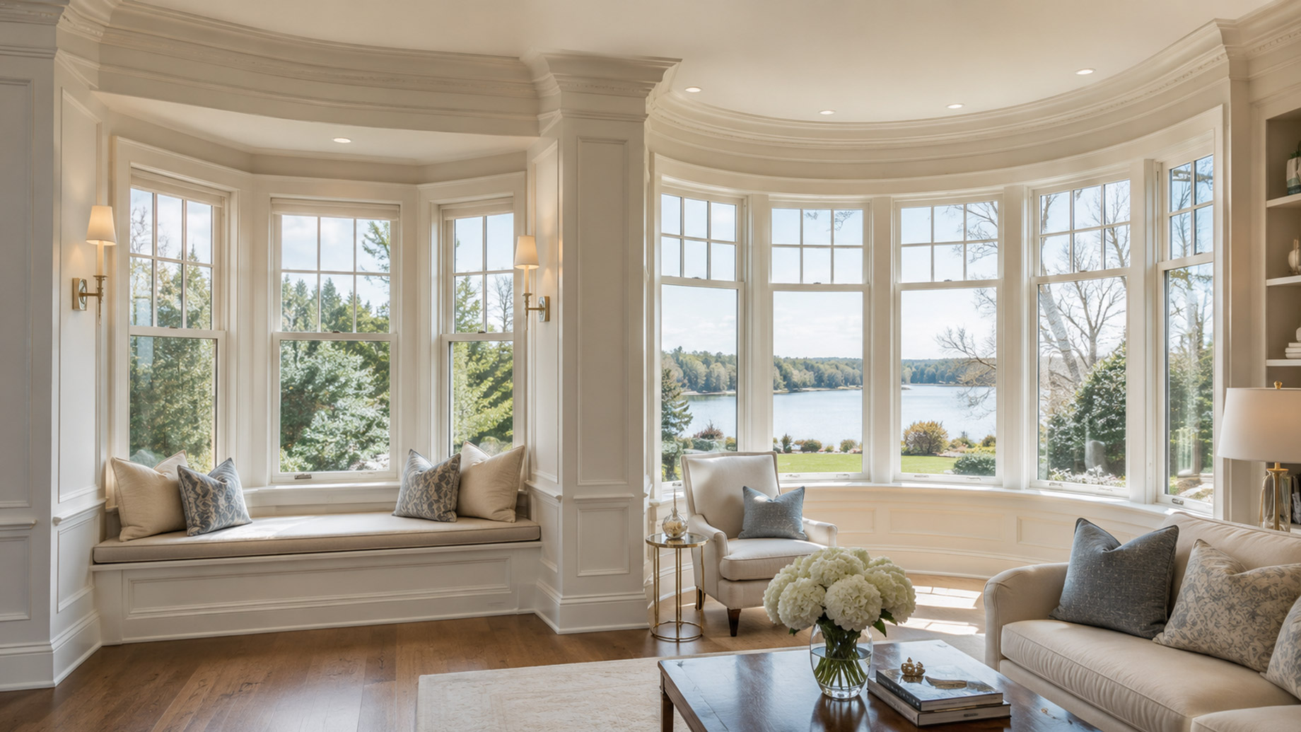 Elegant living room with a bay window seating nook, a curved bow window, classic wall moulding, soft furnishings, and scenic outdoor views.