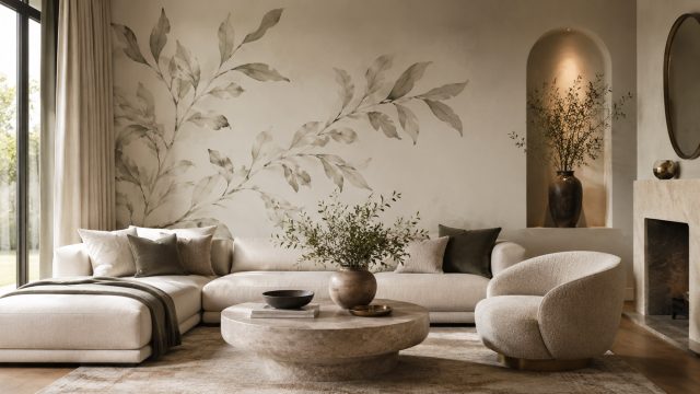 Elegant neutral living room with a large botanical wall decal behind a curved sectional sofa, stone coffee table, textured armchair, and warm layered décor.