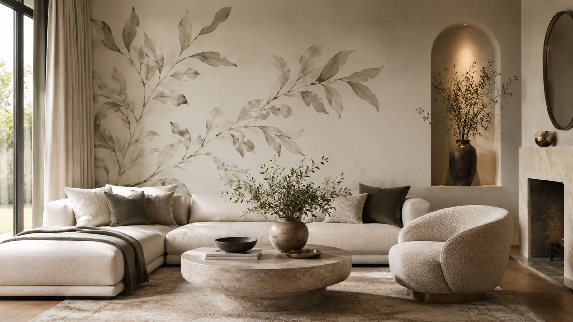 Elegant neutral living room with a large botanical wall decal behind a curved sectional sofa, stone coffee table, textured armchair, and warm layered décor.