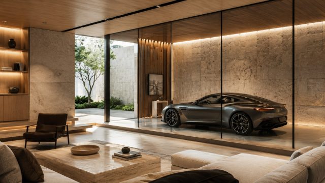 Modern luxury living room with glass-walled car gallery, high-end sports car, stone walls, warm wood ceiling, lounge seating, and refined architectural lighting.