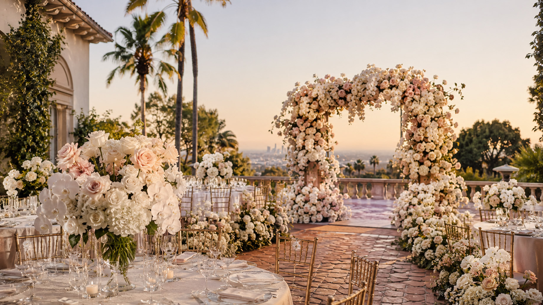 An elegant Los Angeles wedding venue features a floral ceremony arch, lush table centerpieces, white orchids, blush roses, gold chairs, and sunset city views.