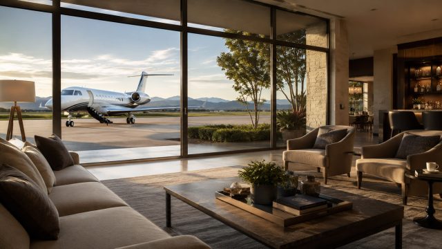 Luxury modern lounge with floor-to-ceiling windows overlooking a private jet on an airstrip.