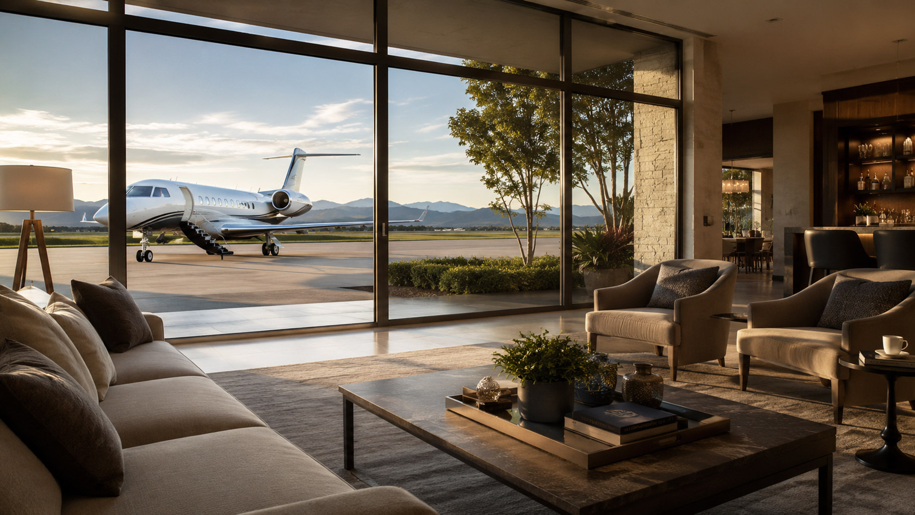 Luxury modern lounge with floor-to-ceiling windows overlooking a private jet on an airstrip.