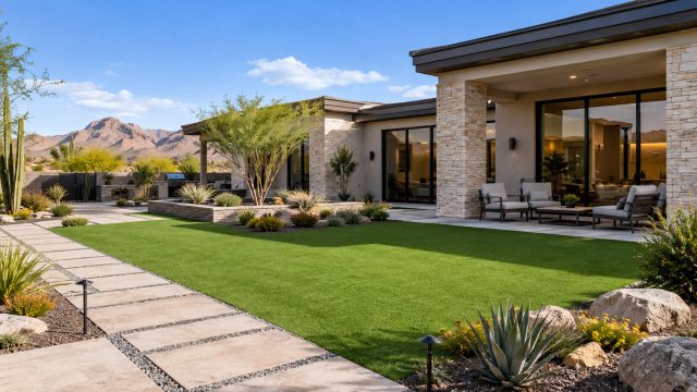 Luxury modern home with artificial turf, stone paver walkway, native desert plants, and a covered outdoor seating area.