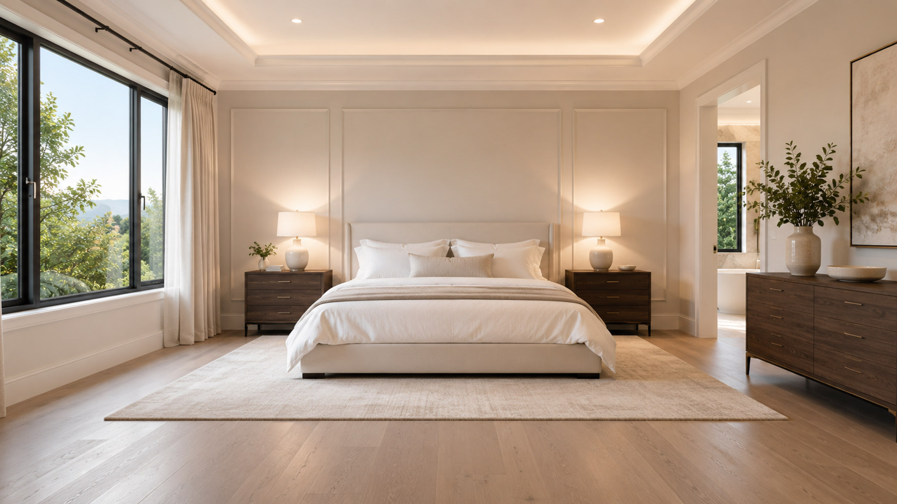 Bright luxury master bedroom with neutral bedding, large windows, matching bedside lamps, and uncluttered modern staging.