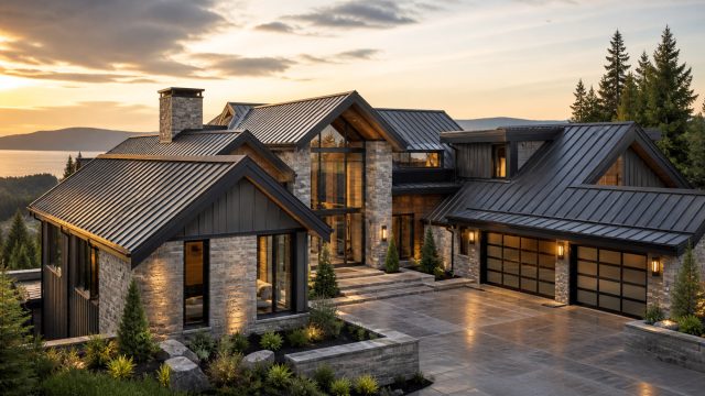 Luxury modern home with dark standing-seam metal roofing, stone exterior, expansive glass, and a landscaped driveway at sunset.