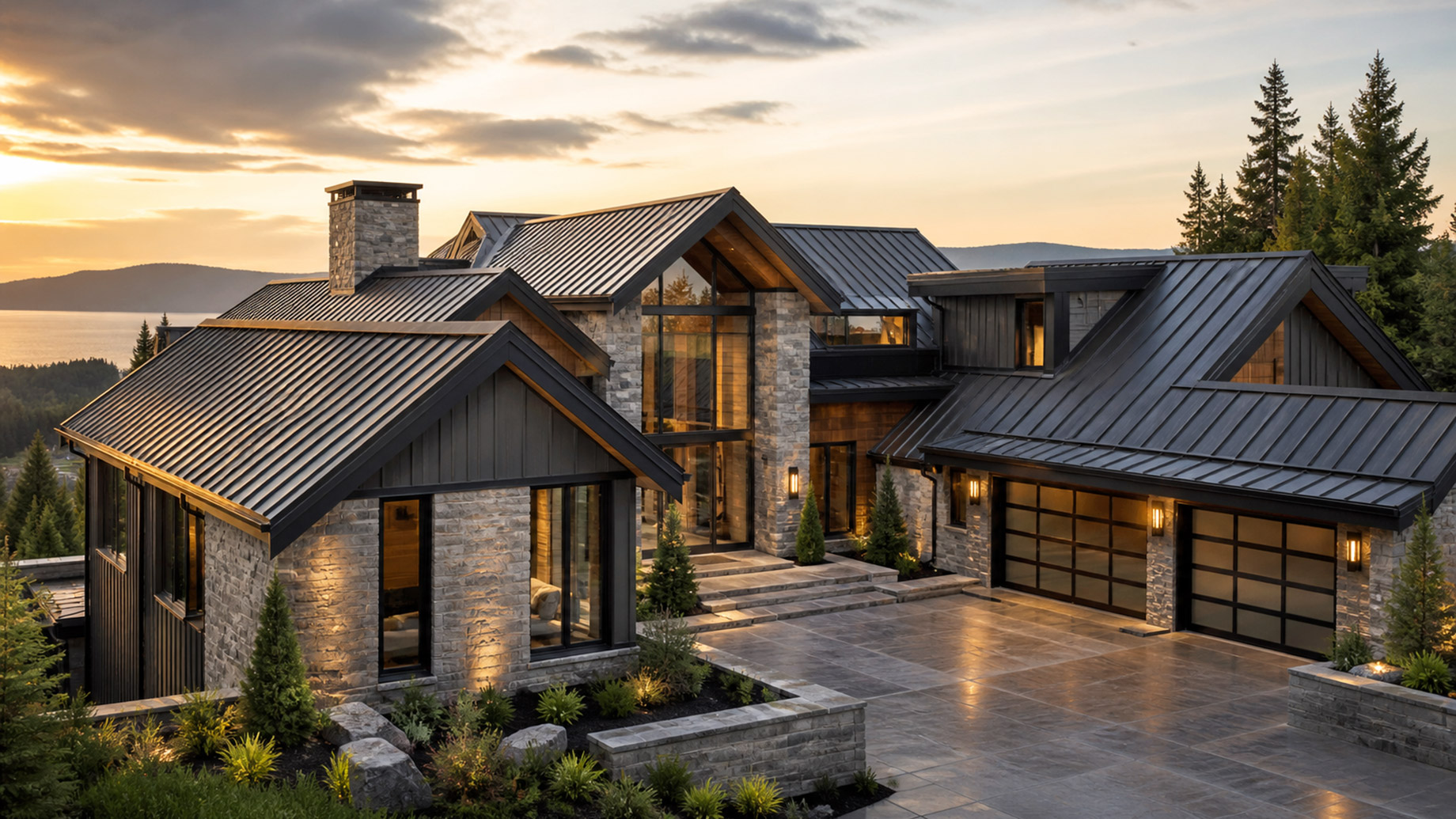 Luxury modern home with dark standing-seam metal roofing, stone exterior, expansive glass, and a landscaped driveway at sunset.
