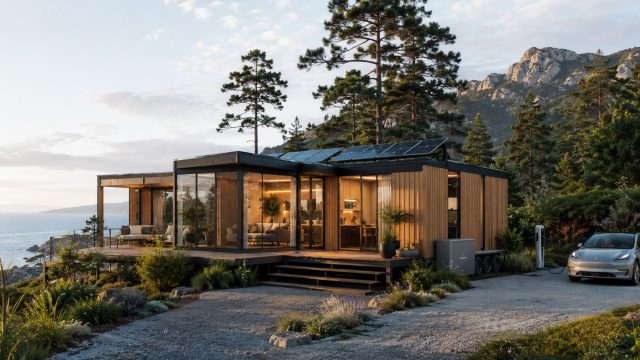 Modern modular eco home with rooftop solar panels, EV charging, battery storage, and coastal mountain views.