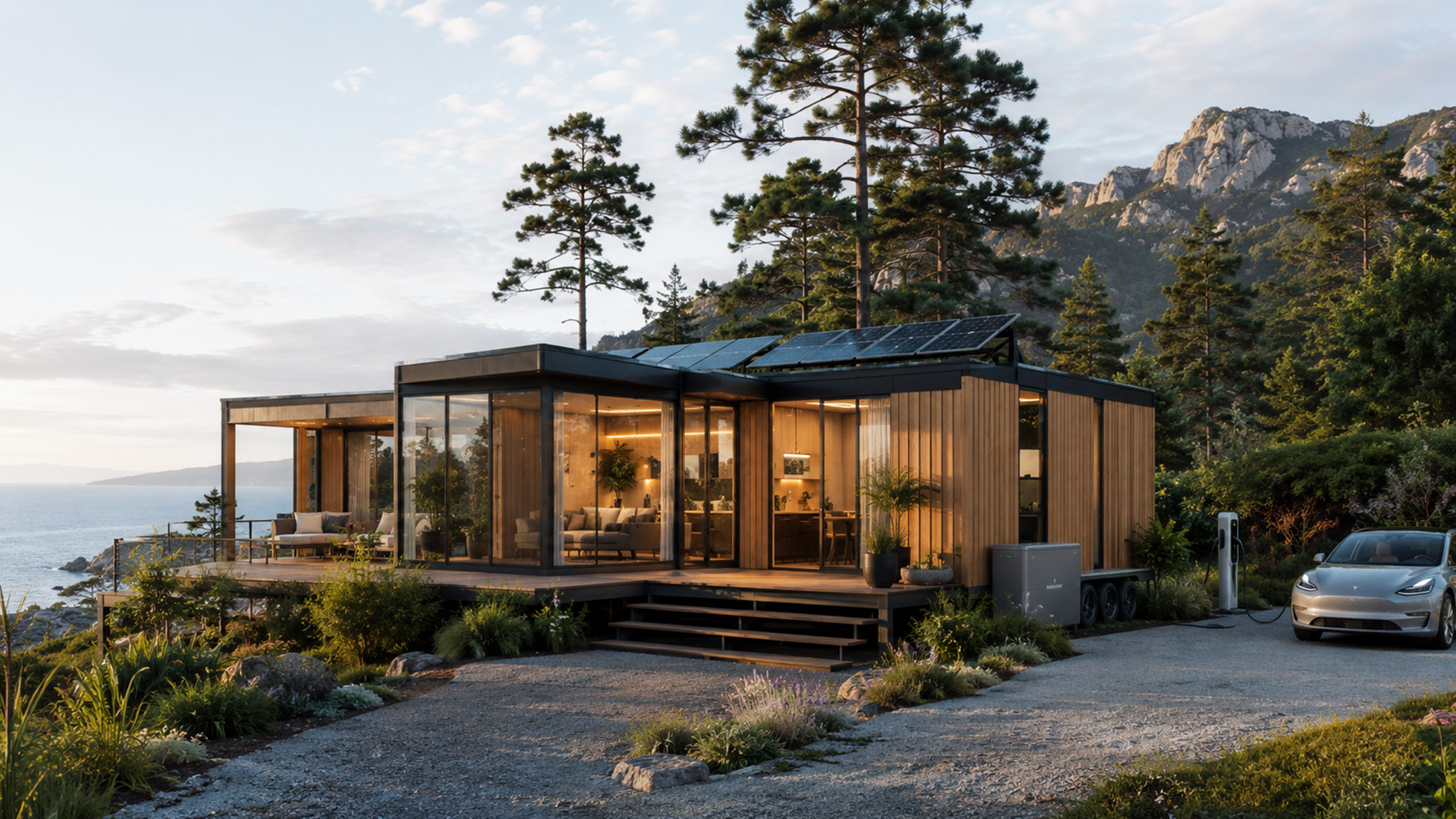 Modern modular eco home with rooftop solar panels, EV charging, battery storage, and coastal mountain views.