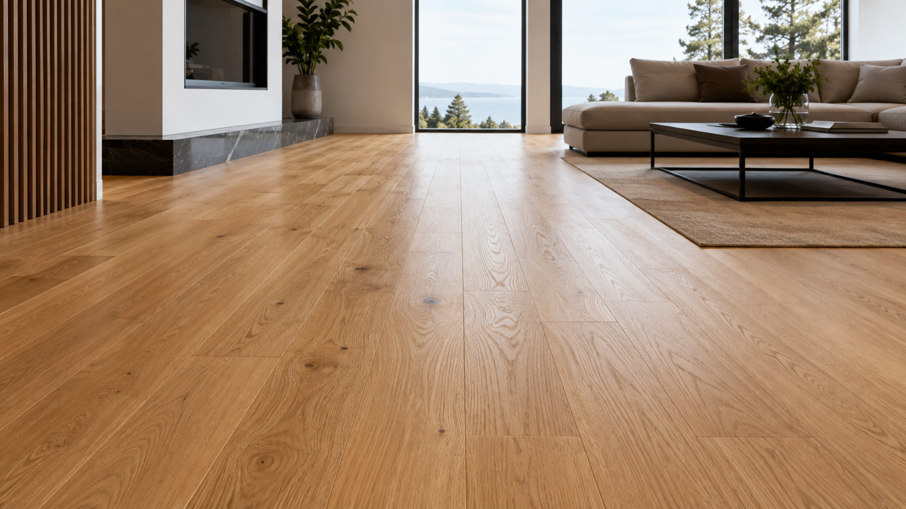 Wide-plank oak flooring extending through a minimalist luxury living room with floor-to-ceiling windows and Pacific Northwest views.