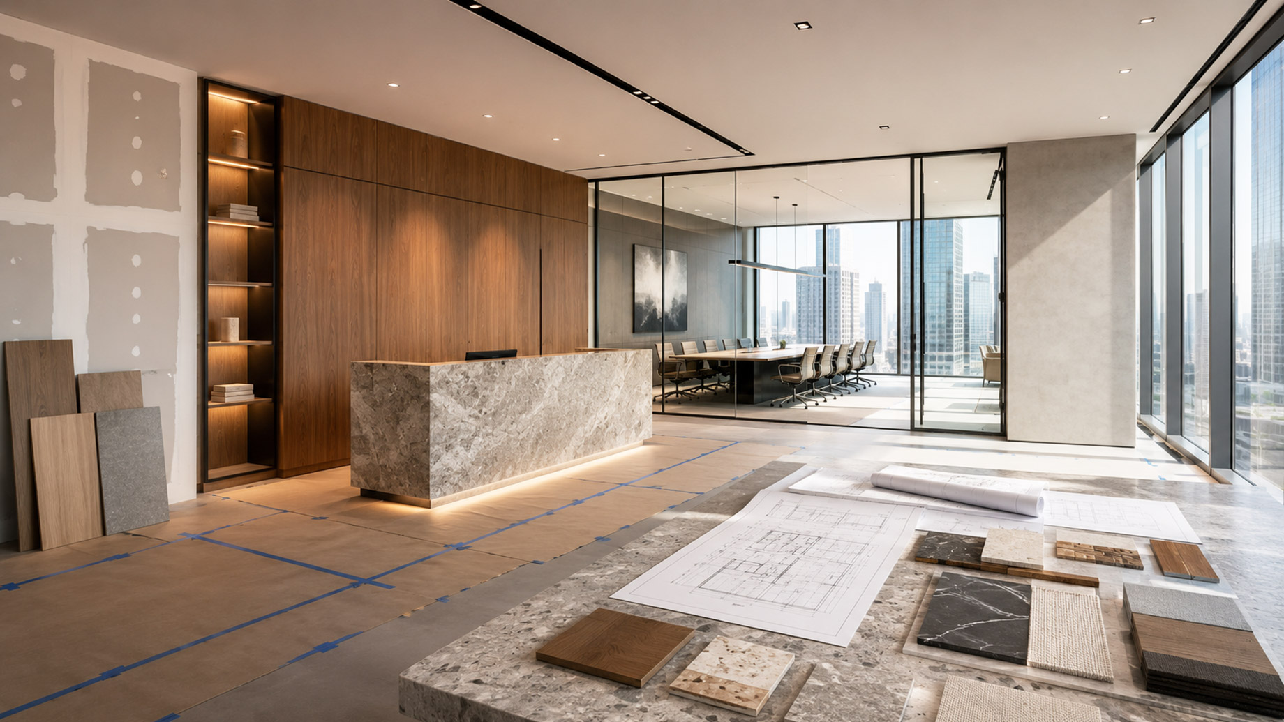 A modern corporate office renovation features architectural plans, material samples, protected flooring, wood wall panels, a stone reception desk, and glass meeting rooms.