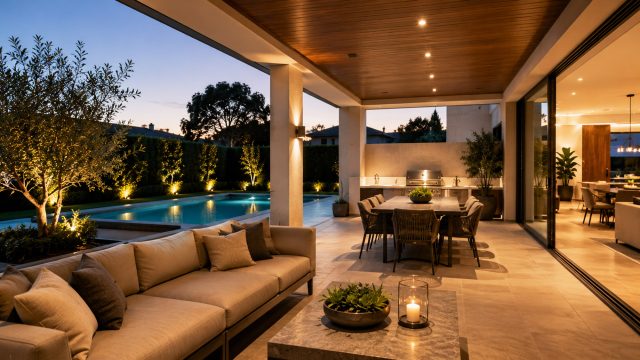 Modern covered patio with lounge seating, dining area, outdoor kitchen, pool, garden lighting, and warm interior connection.
