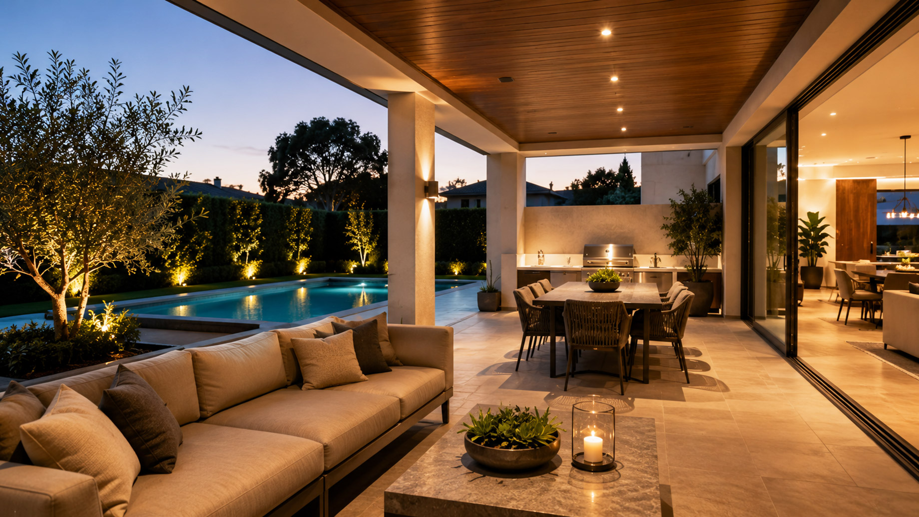Modern covered patio with lounge seating, dining area, outdoor kitchen, pool, garden lighting, and warm interior connection.