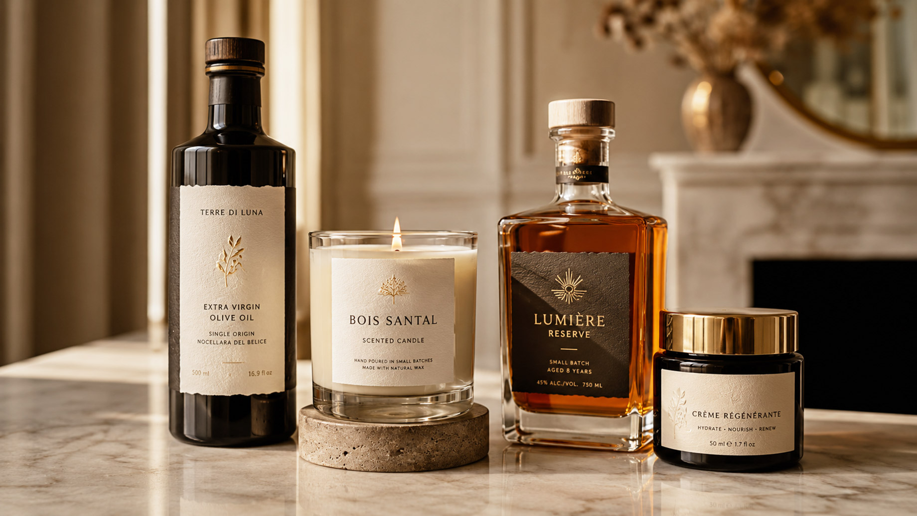 A refined arrangement of premium goods on a marble surface, including olive oil, a candle, a spirits bottle, and a skincare jar with elegant textured labels.