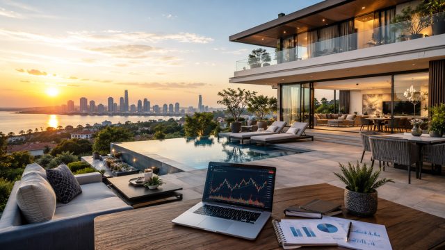 Modern luxury villa terrace with an infinity pool, outdoor lounge, city skyline views, and investment charts displayed on a laptop and documents.