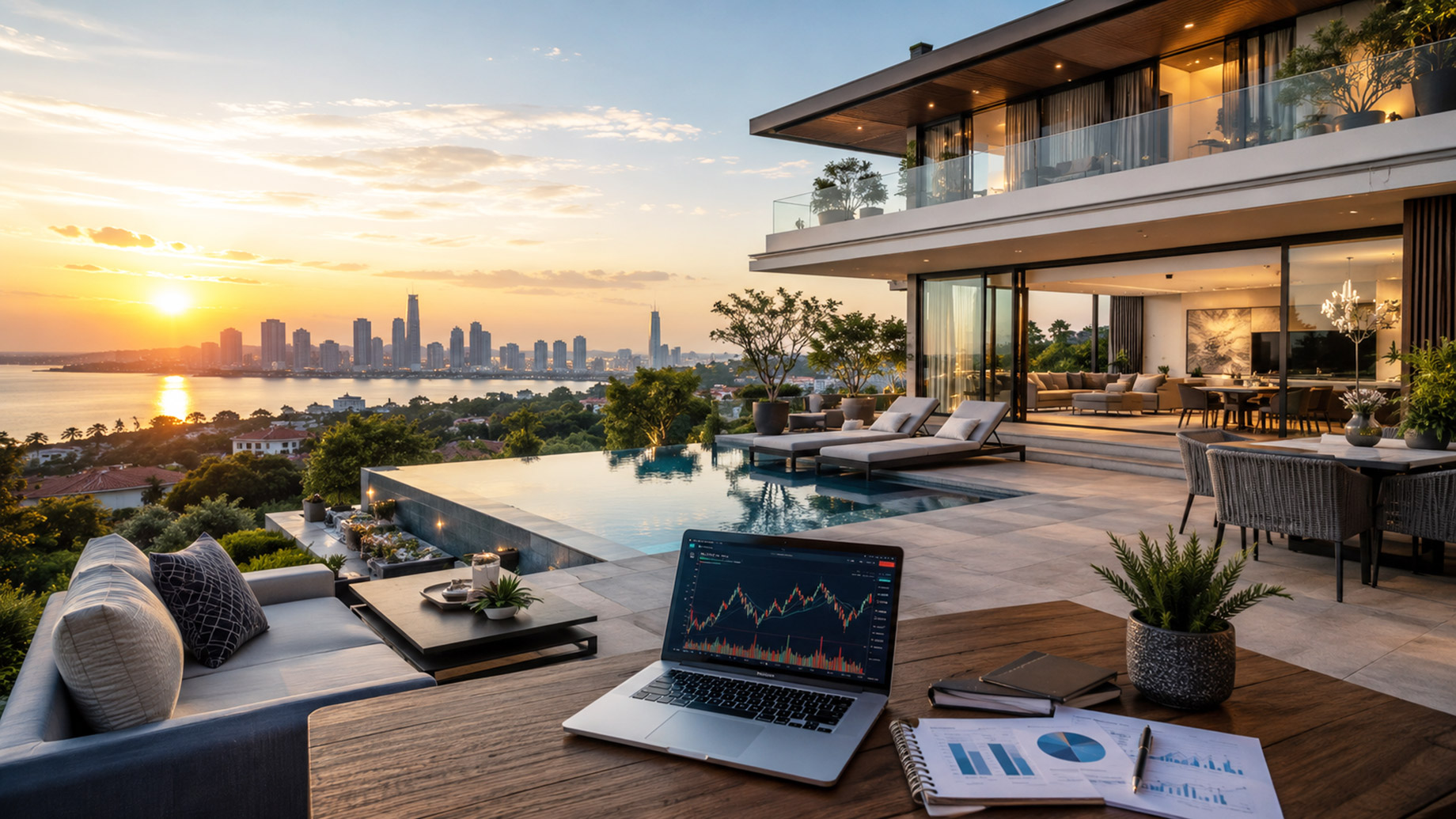 Modern luxury villa terrace with an infinity pool, outdoor lounge, city skyline views, and investment charts displayed on a laptop and documents.