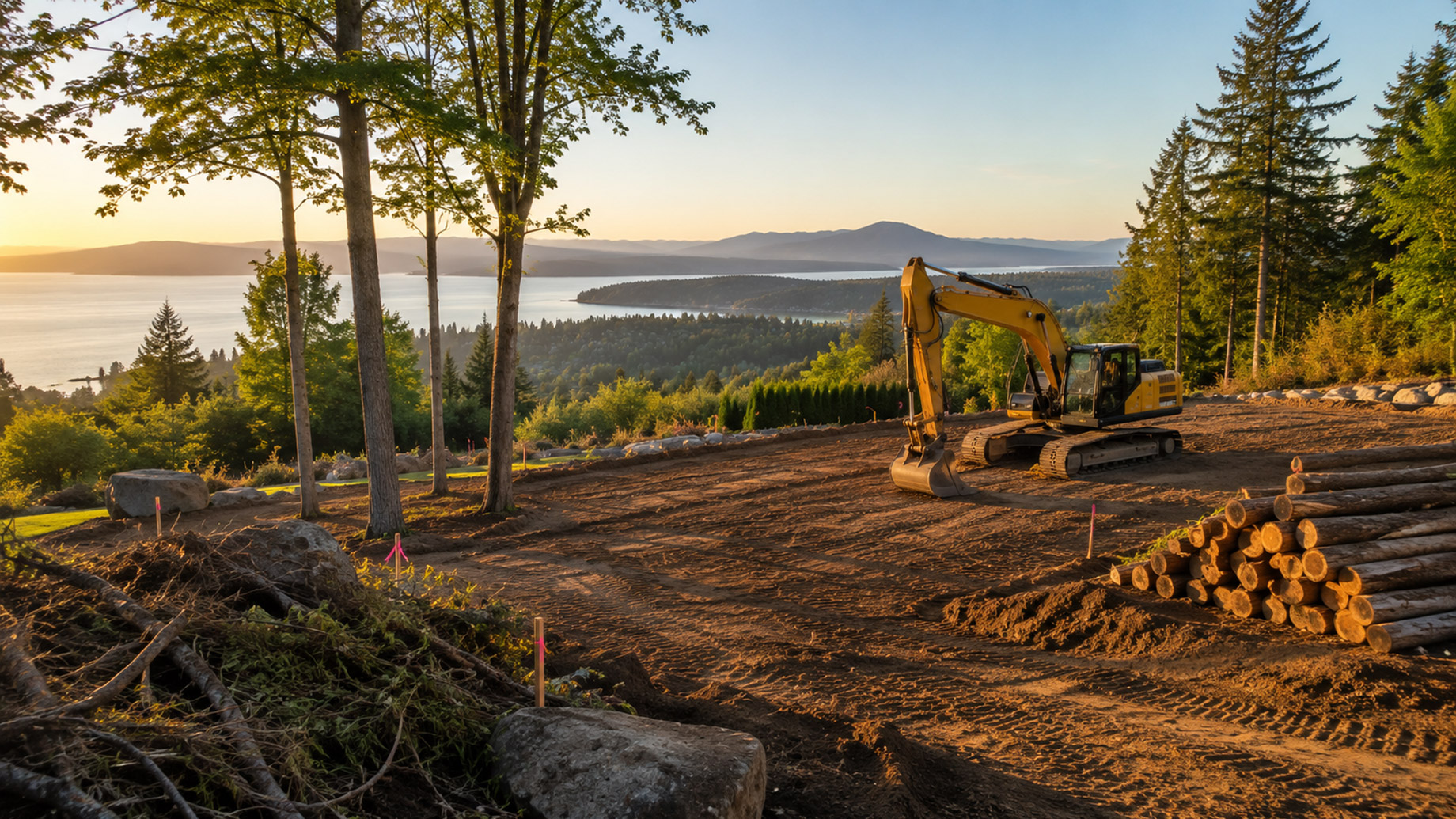 Cleared luxury property development site with an excavator, stacked logs, preserved trees, marked ground, and panoramic lake and mountain views at golden hour.