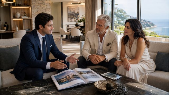 Luxury real estate consultant advising a distinct older male client and female client in a modern coastal home with property materials on the table.