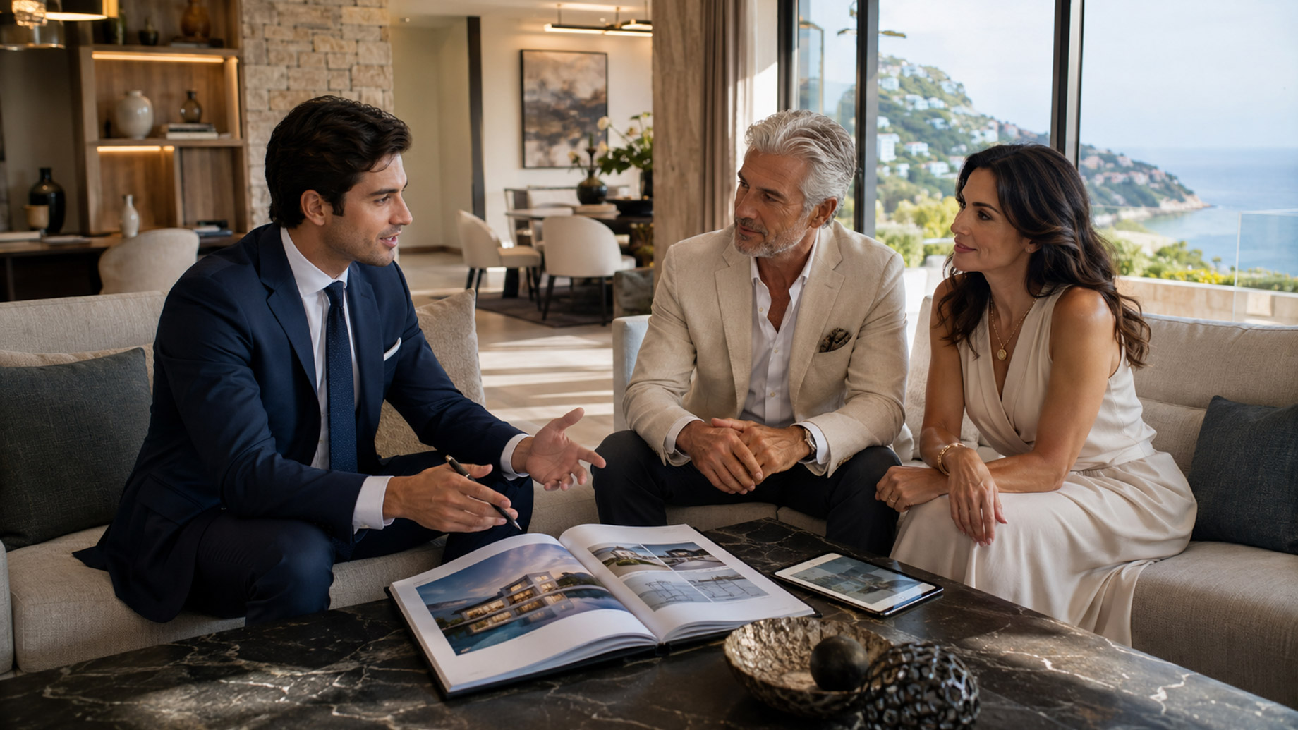 Luxury real estate consultant advising a distinct older male client and female client in a modern coastal home with property materials on the table.