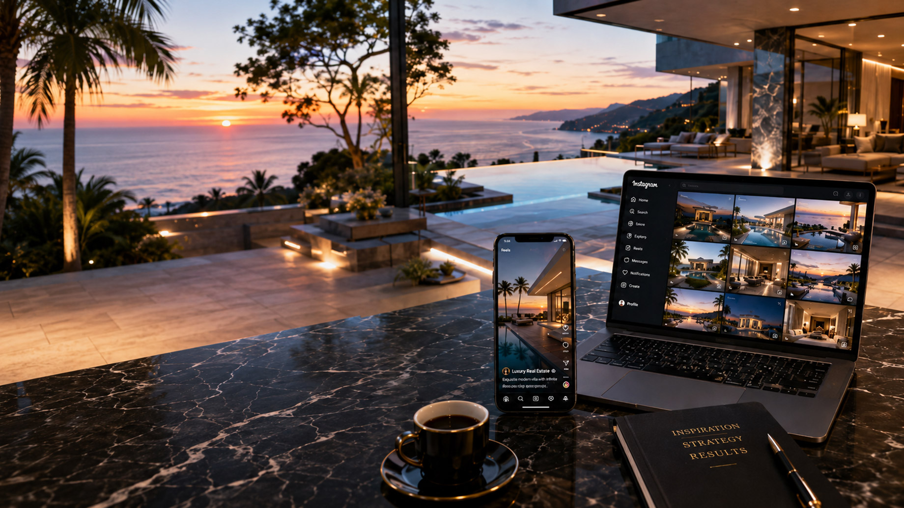 Laptop and smartphone displaying luxury real estate Instagram content beside a marble table overlooking a modern oceanfront villa at sunset.