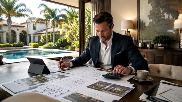 High-net-worth investor reviewing property documents, architectural plans, and financial calculations inside a luxury home.