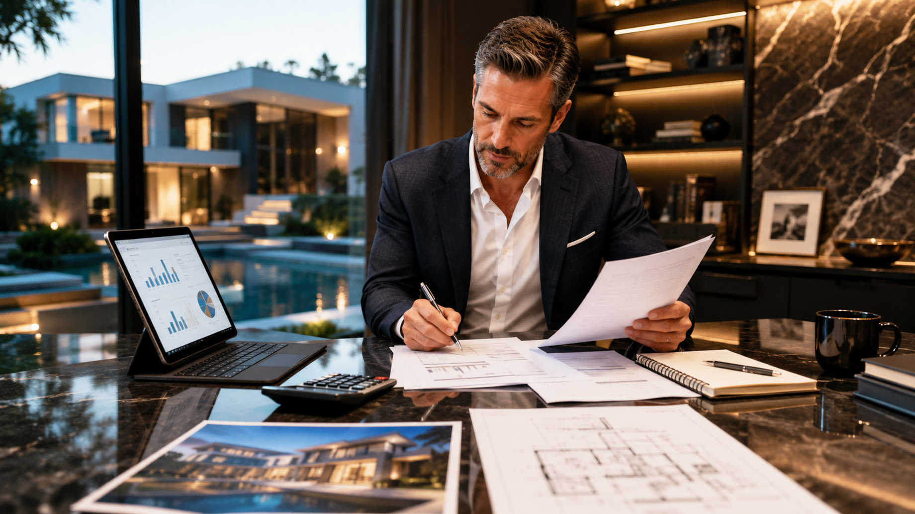 Luxury real estate investor reviewing property plans, financial charts, and tax documents in an upscale office overlooking a modern estate.